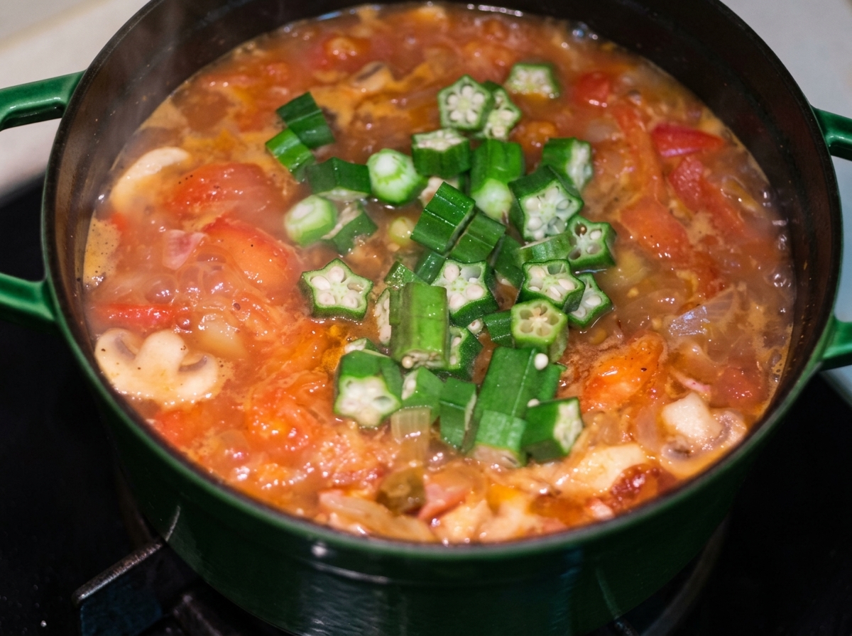 Trozos de okra verde fresca añadidos sobre el guiso burbujeante en la olla.