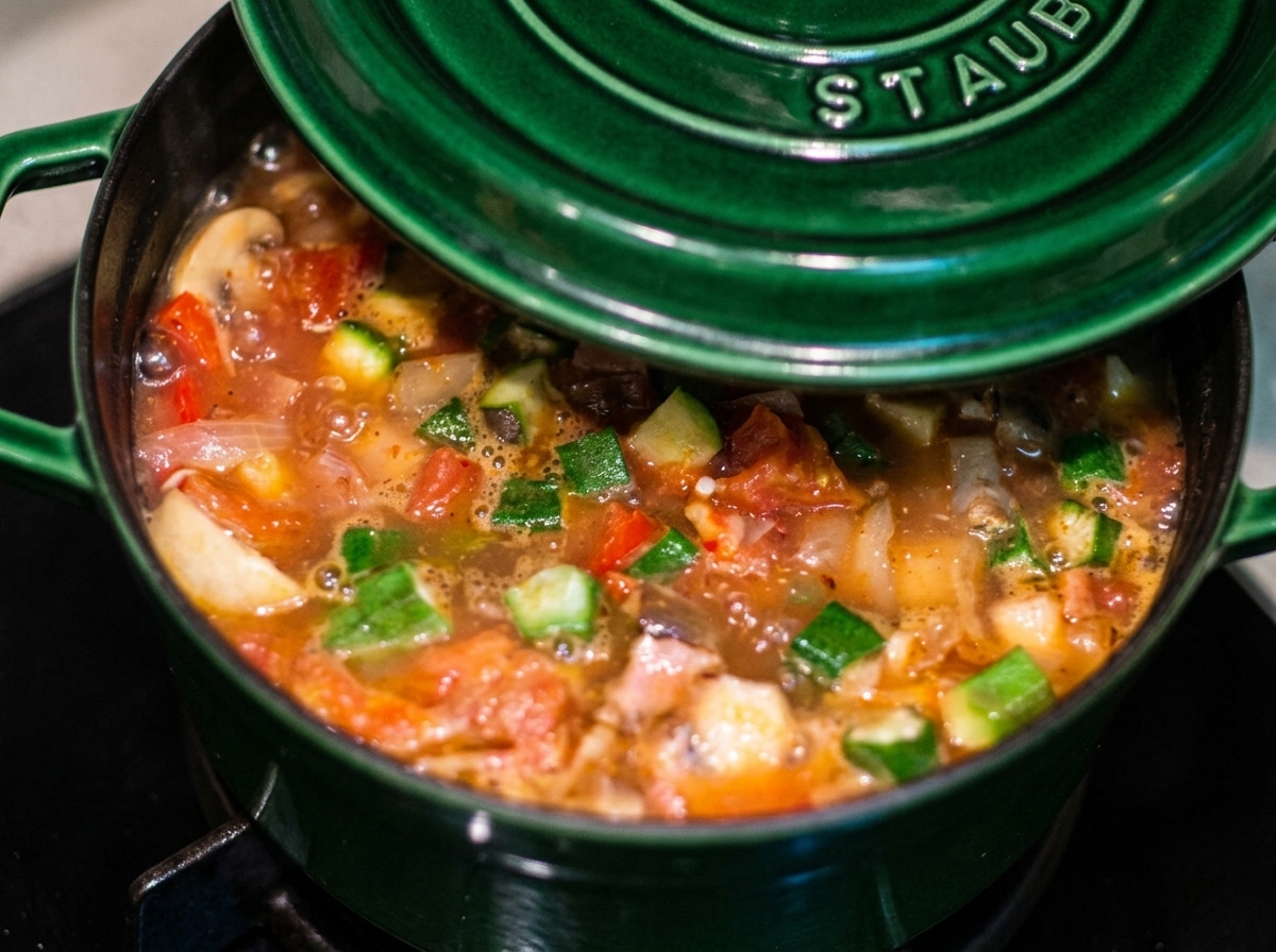 Colocando la tapa de hierro fundido sobre la olla de gumbo humeante.