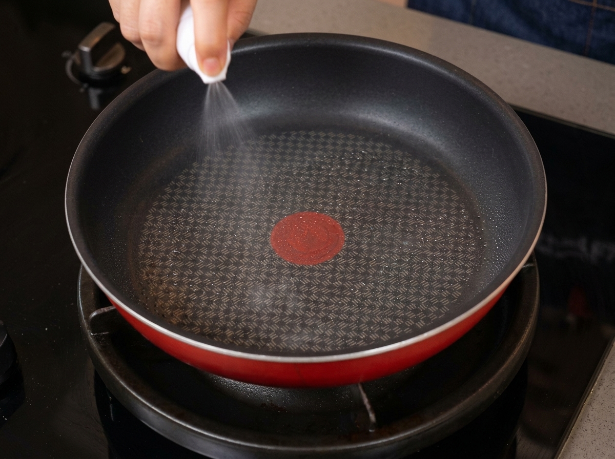 Una persona rociando aceite de cocina con un atomizador blanco en una sartén antiadherente negra.