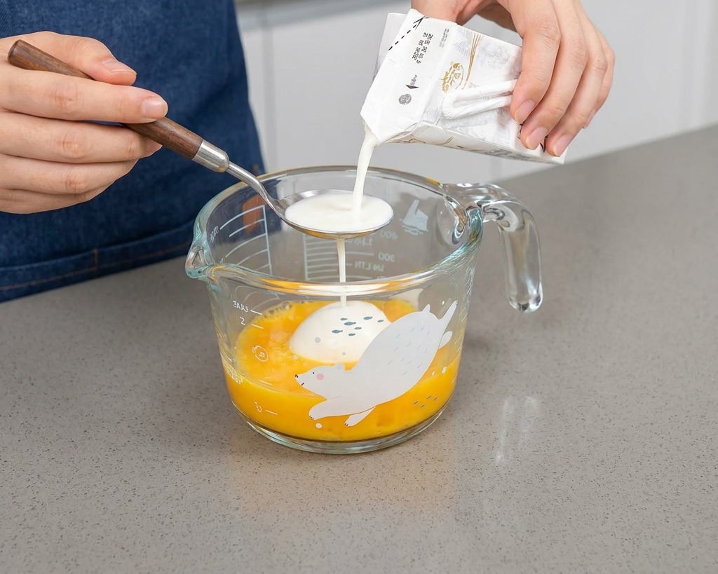 Una persona vertiendo leche desde un cartón pequeño a una cuchara sobre la jarra con los huevos crudos.