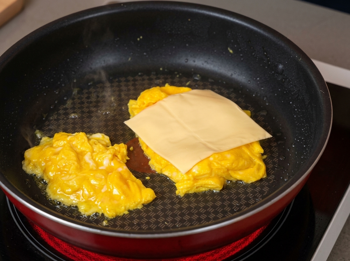 Una rebanada cuadrada de queso amarillo sobre los huevos revueltos plegados dentro de una sartén caliente.