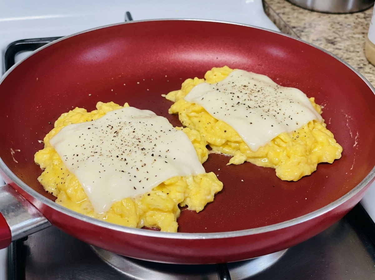 Vista de cerca de porciones de huevos revueltos con queso derretido y una lluvia de pimienta negra en una sartén roja.