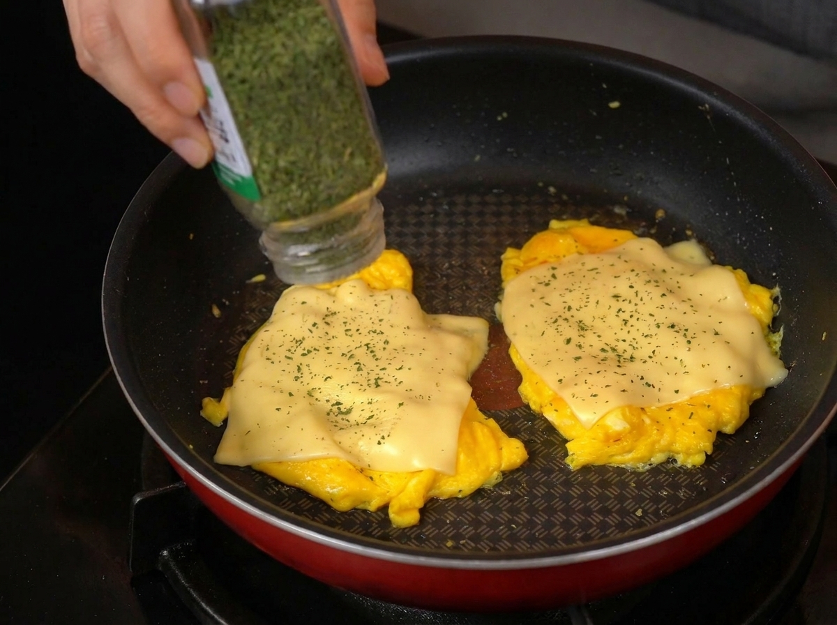 Hierbas verdes secas cayendo de un frasco de especias sobre huevos revueltos con queso en una sartén antiadherente.