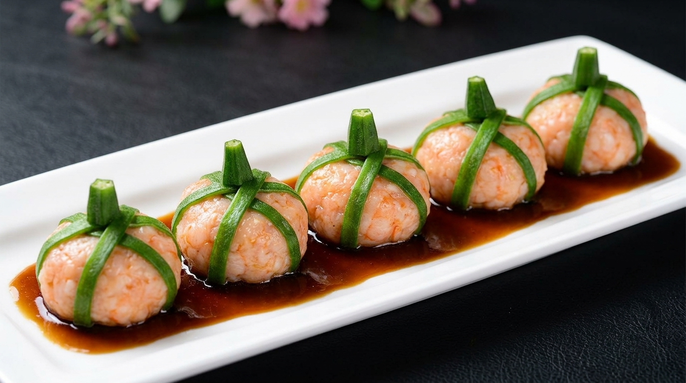 Albóndigas de Langostinos Envueltas en Okra con Salsa de Matsutake