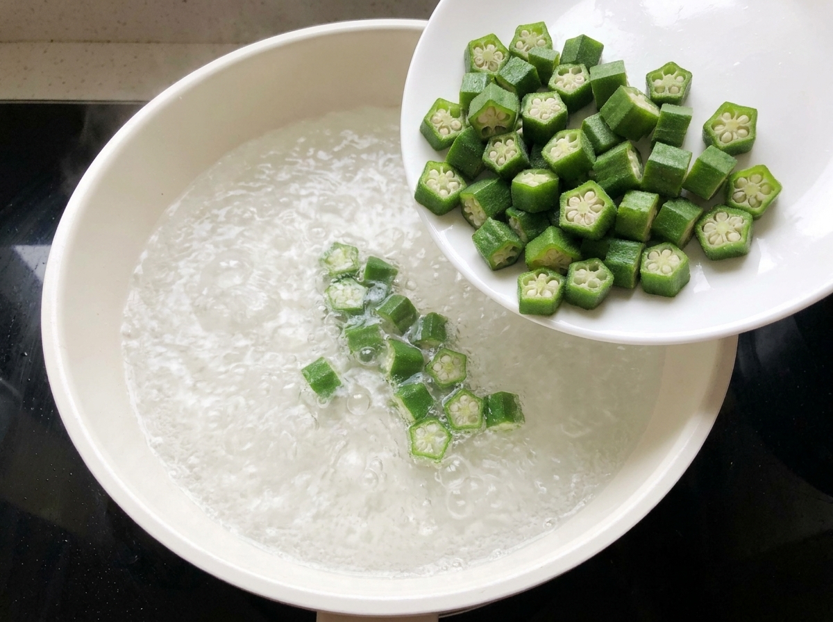 Piezas de okra verde vertiéndose desde un plato blanco hacia agua hirviendo.
