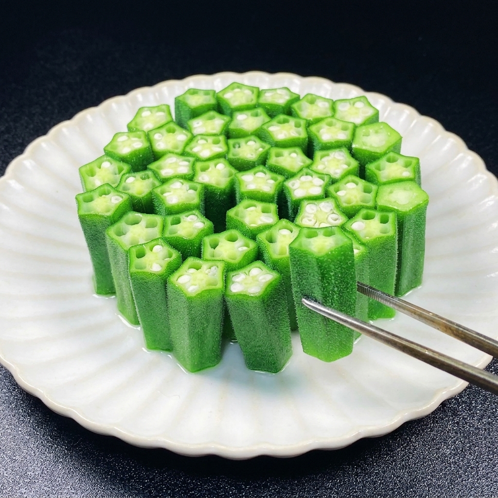 Usando pinzas para colocar trozos de okra de pie formando un círculo en un plato blanco.