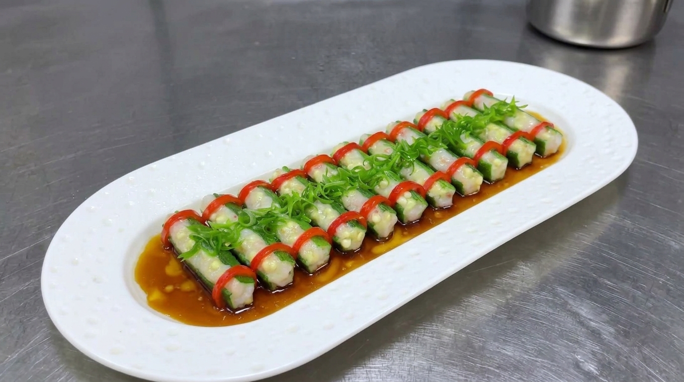Ocra al vapor rellena de pasta de camarones