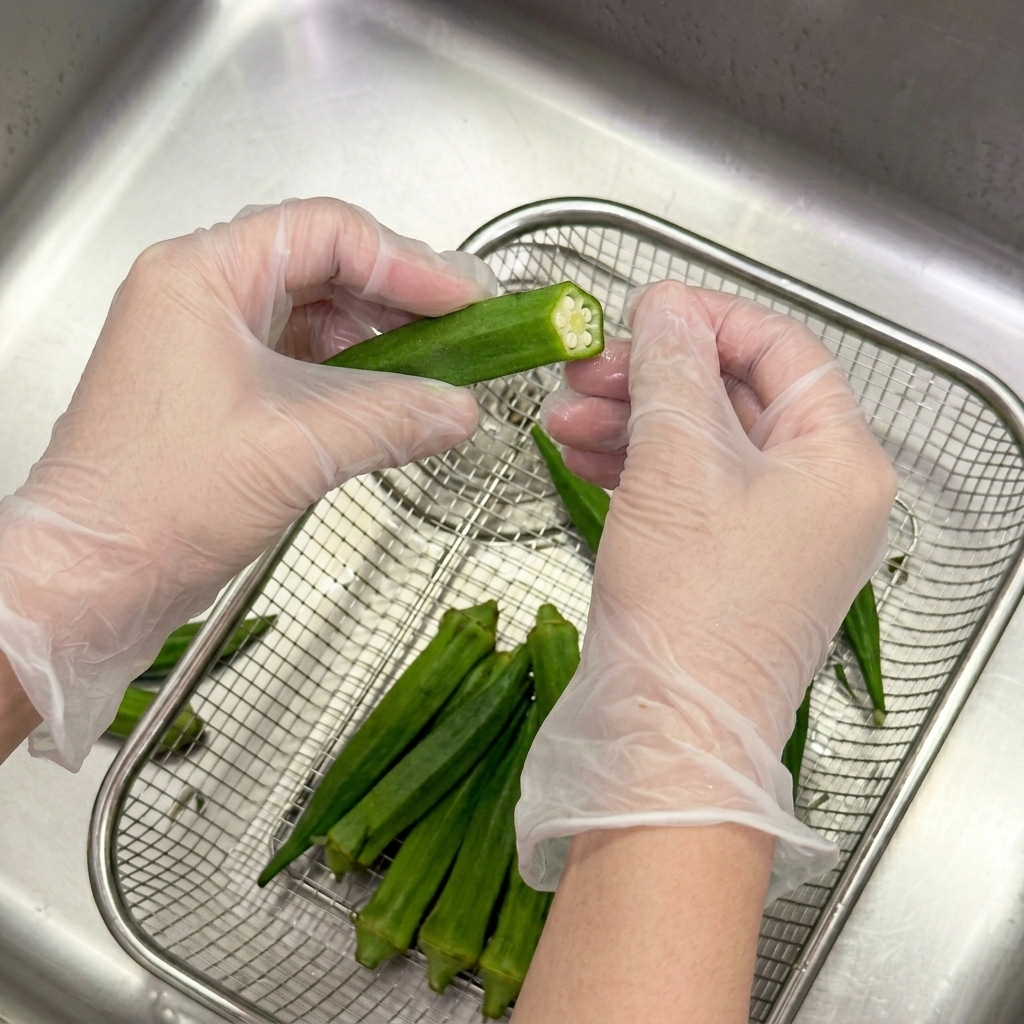 Manos con guantes frotando una pieza de okra verde sobre un colador de metal lleno de más vainas.