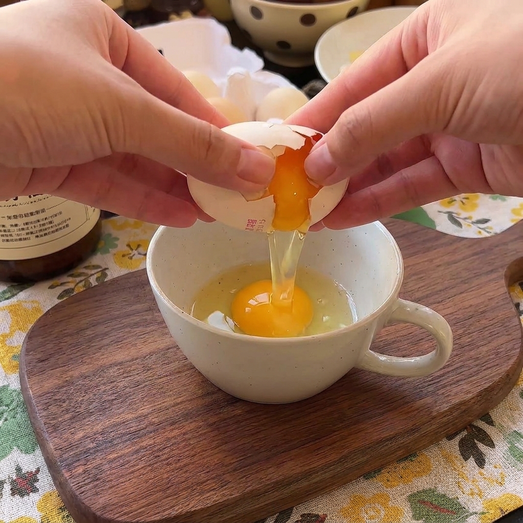 Manos cascando un huevo fresco en una taza de cerámica que ya contiene otro huevo.