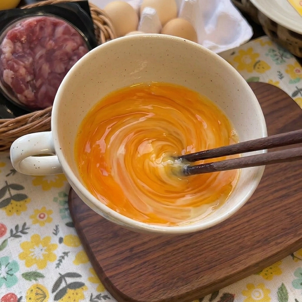 Palillos batiendo una mezcla de huevo y leche en una taza blanca, creando un efecto de remolino.