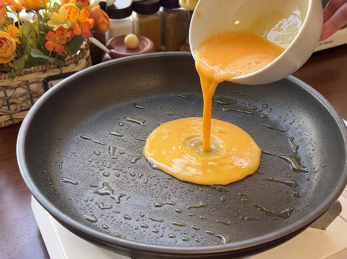 Mezcla líquida de huevo vertiéndose en una sartén antiadherente grande con gotas de aceite.