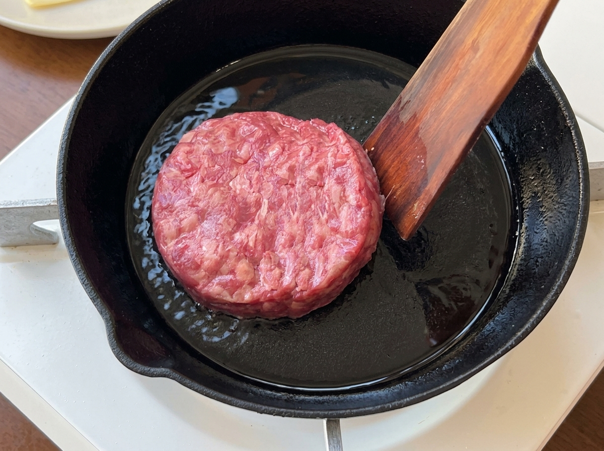 Una espátula de madera colocando una hamburguesa de carne de res en una sartén de hierro fundido caliente.