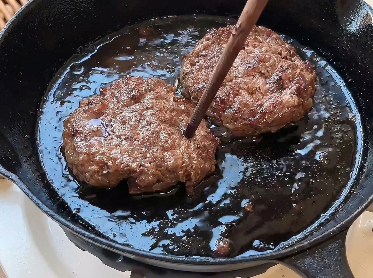 Un palillo de madera pinchando el centro de una hamburguesa dorada en la sartén.