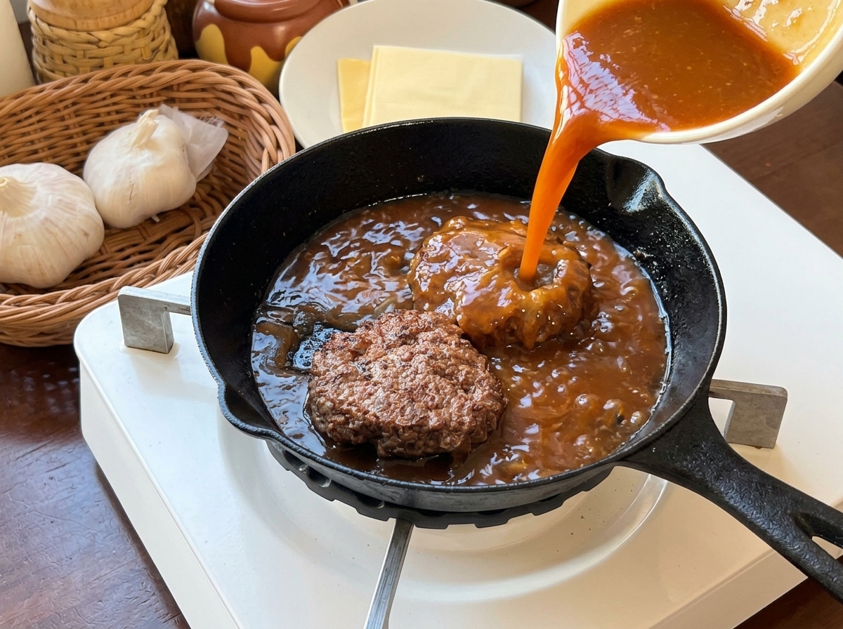 Vertiendo una salsa marrón sobre dos hamburguesas cocinadas en una sartén de hierro.