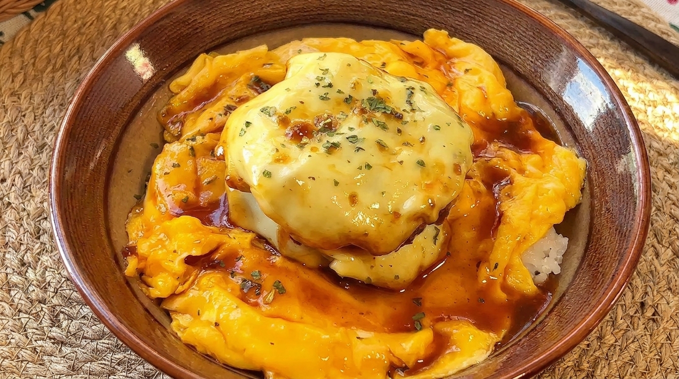 Donburi de Hamburguesa con Queso al Estilo Japonés