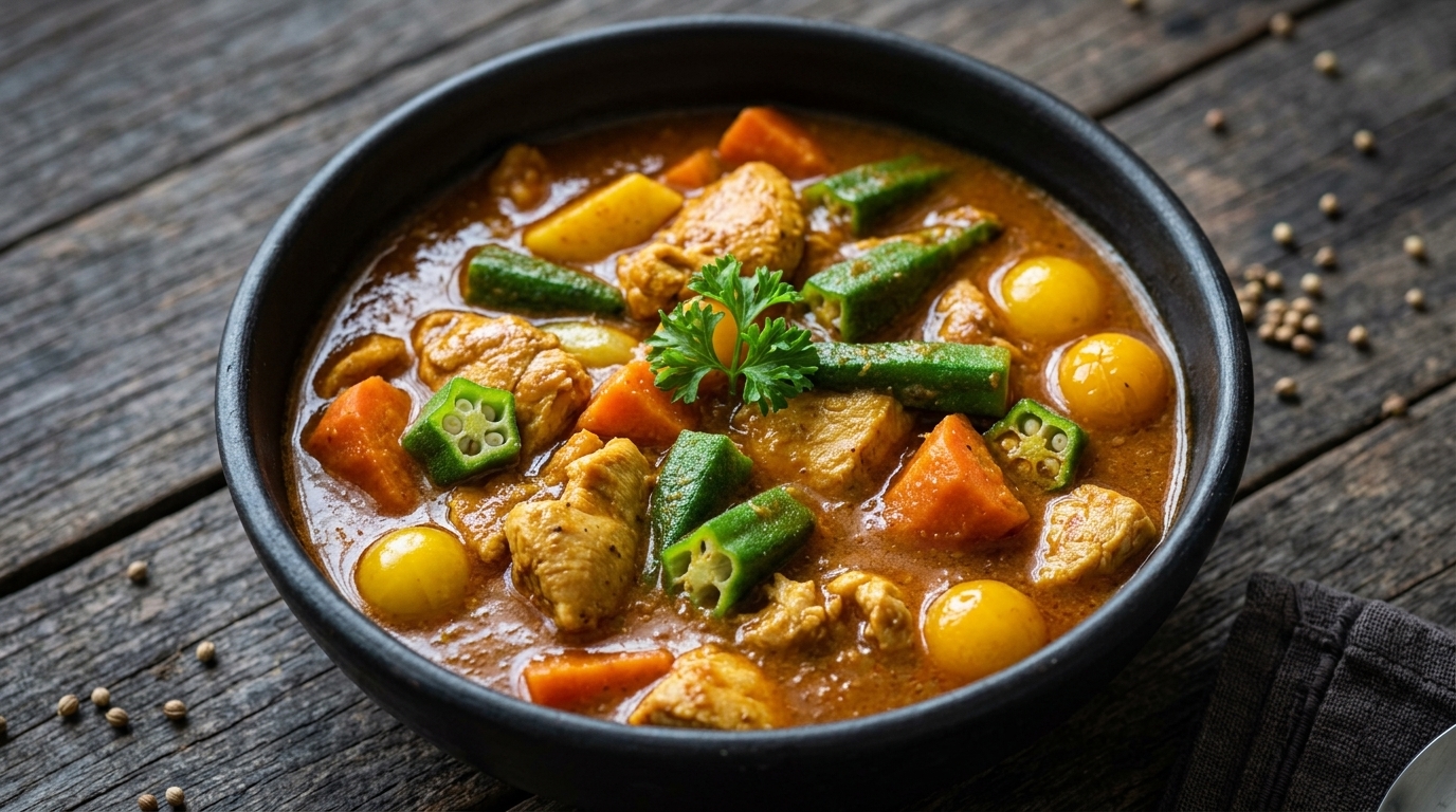 Curry Sedoso de Pollo y Quimbombó con Pasta y Pimientos Asados