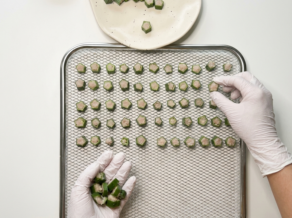 Manos con guantes colocando cuidadosamente rebanadas de okra rellenas de pollo crudo sobre la bandeja de rejilla metálica de un deshidratador.