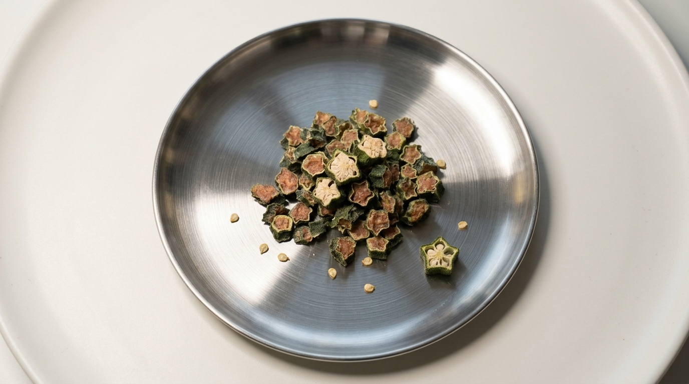 Primer plano de unos premios para perros deshidratados en forma de estrella, hechos de okra rellena de pollo sobre un plato de metal.