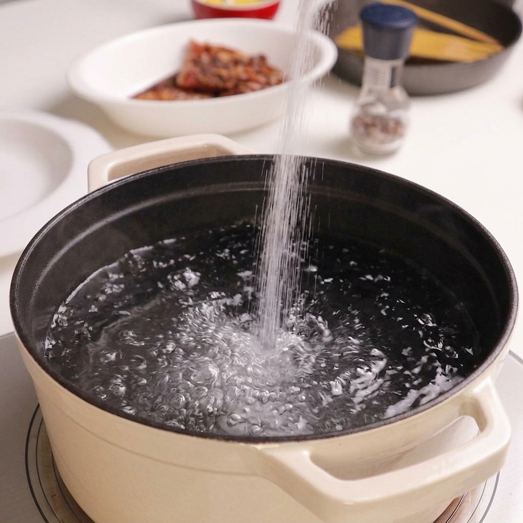 Sal cayendo en una olla blanca con agua hirviendo a borbotones.