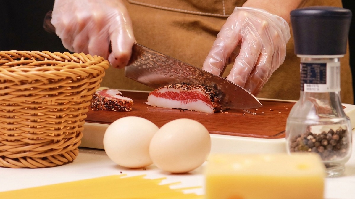 Manos con guantes cortando una pieza de guanciale con pimienta en una tabla de madera.