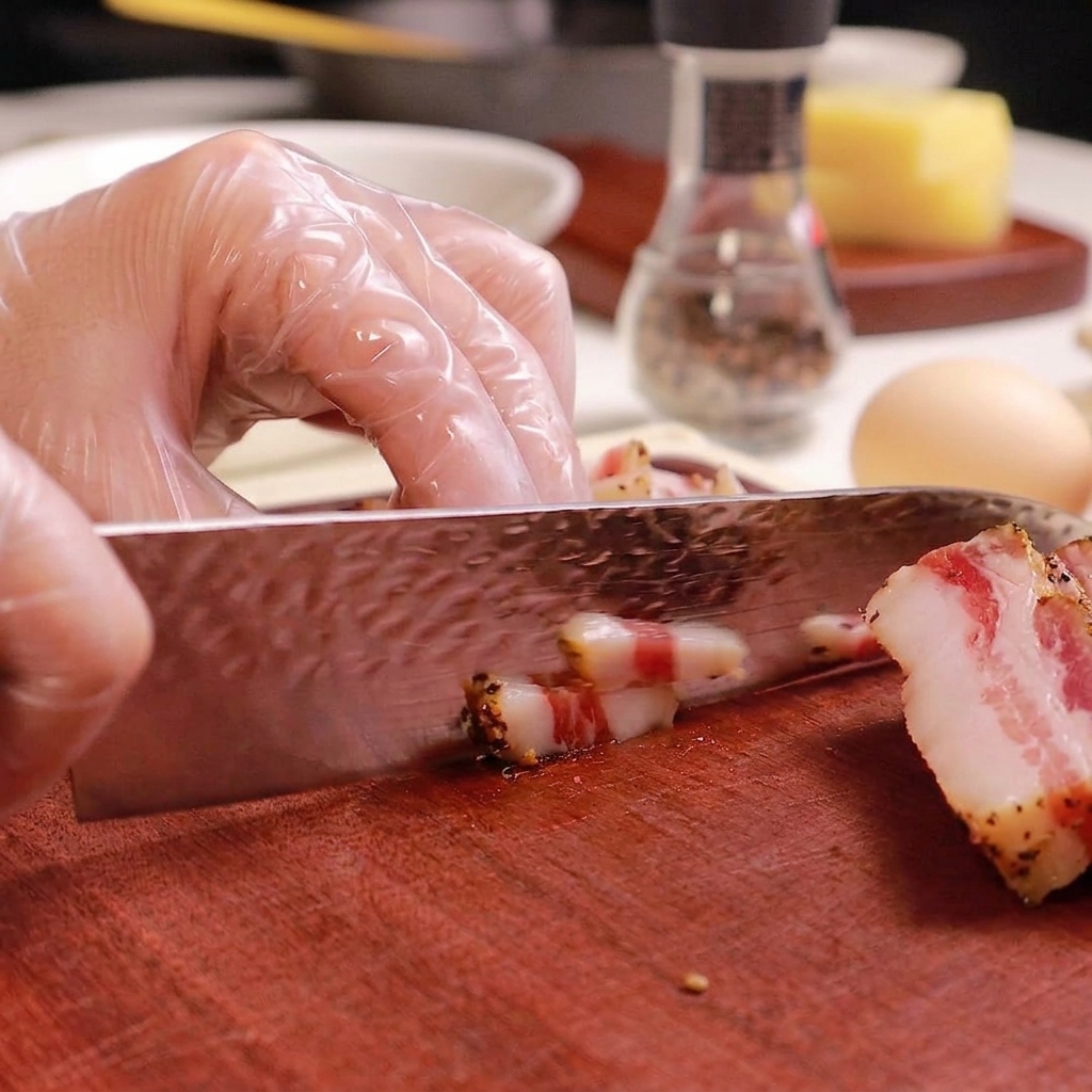 Primer plano de un cuchillo cortando lonchas de guanciale en tiras pequeñas sobre una tabla.