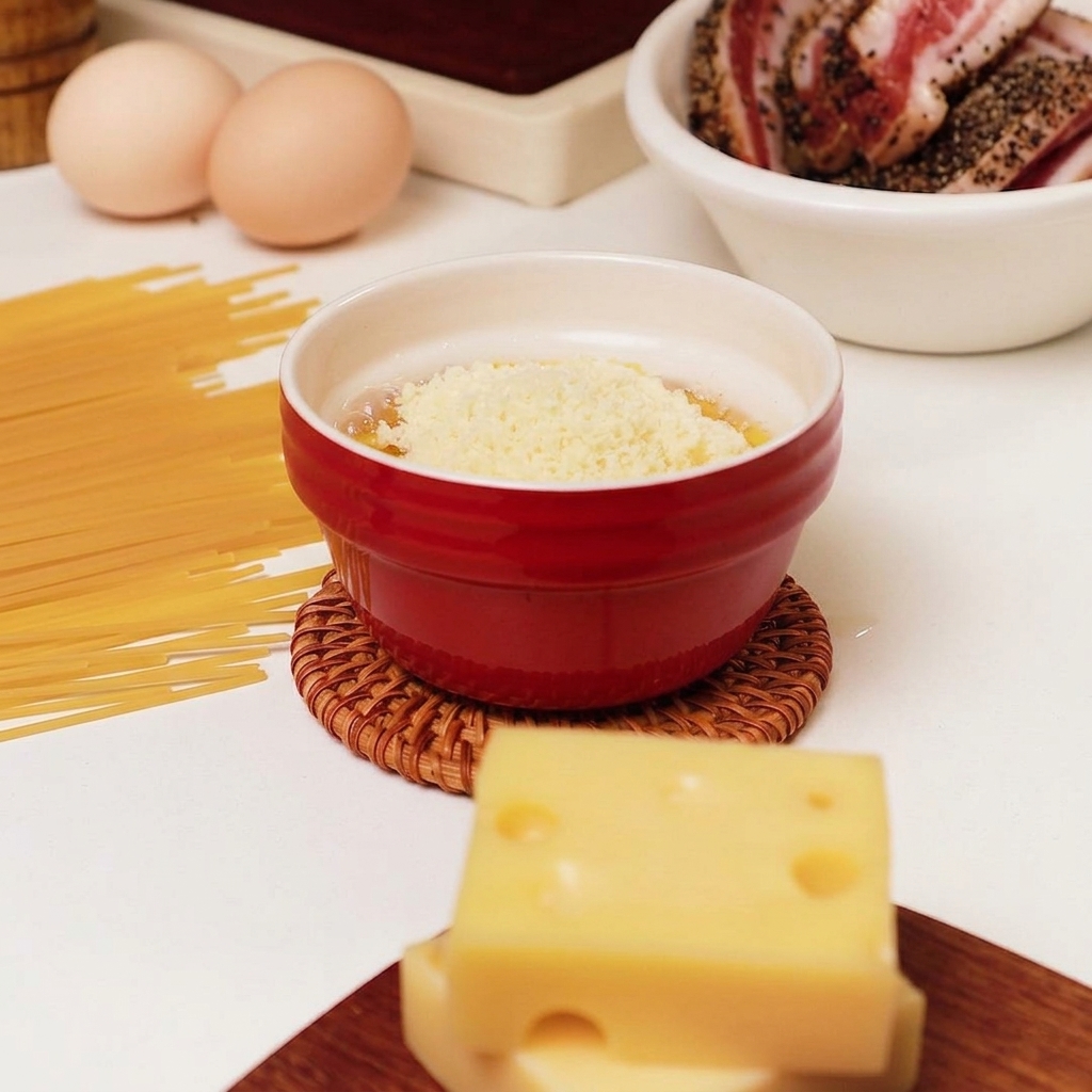 Montaña de queso rallado fino sobre huevos crudos en un bol rojo.