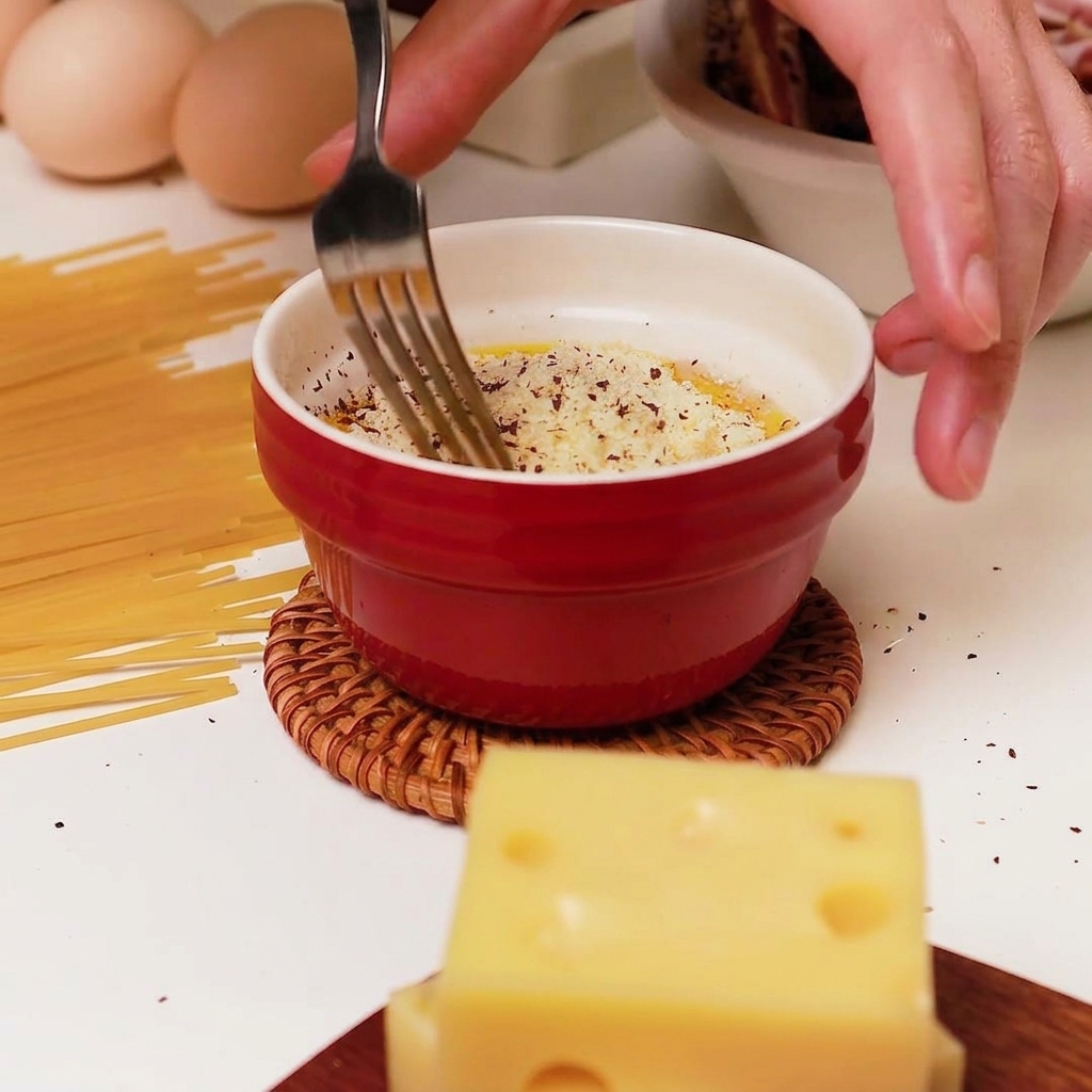 Una mano con un tenedor mezclando huevo, queso y pimienta en un cuenco pequeño.