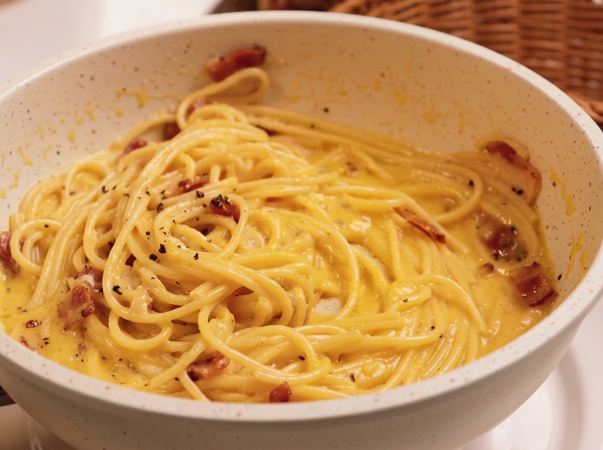 Espaguetis cubiertos por una salsa de huevo brillante y cremosa con trozos de guanciale en una sartén blanca.