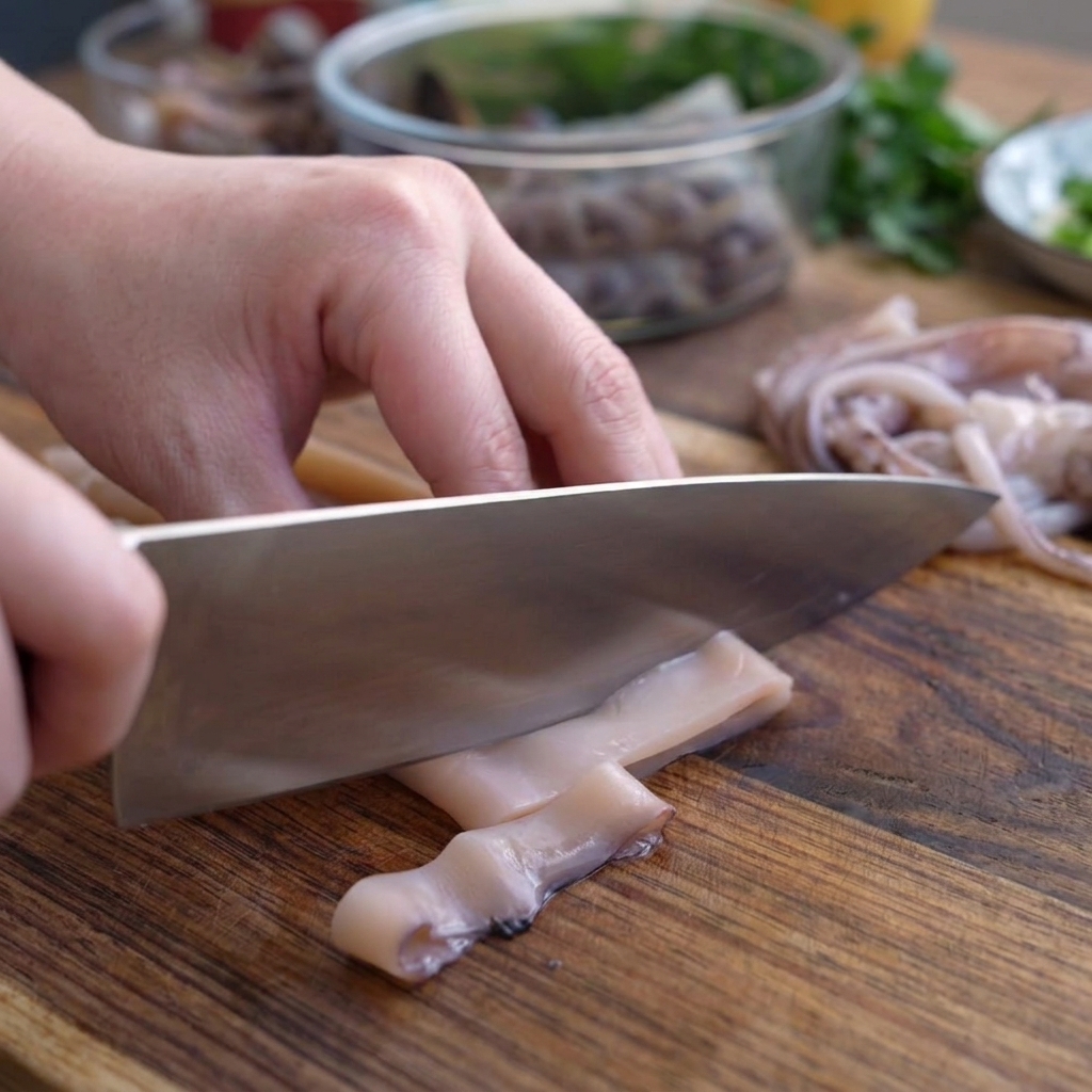 Una mano cortando un tubo de calamar limpio en aros parejos con un cuchillo de chef sobre una tabla de madera.