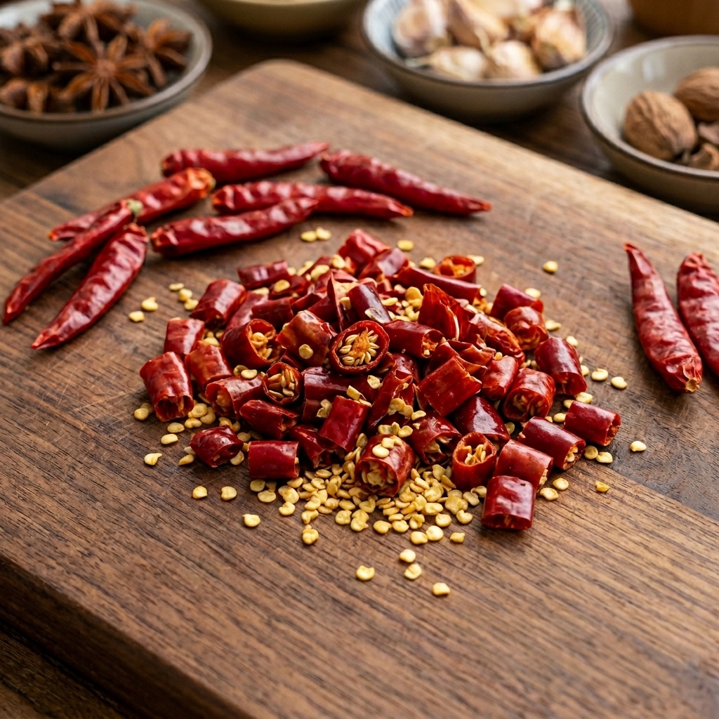 Trocitos de chile rojo seco y sus semillas junto a chiles enteros sobre una tabla de madera.