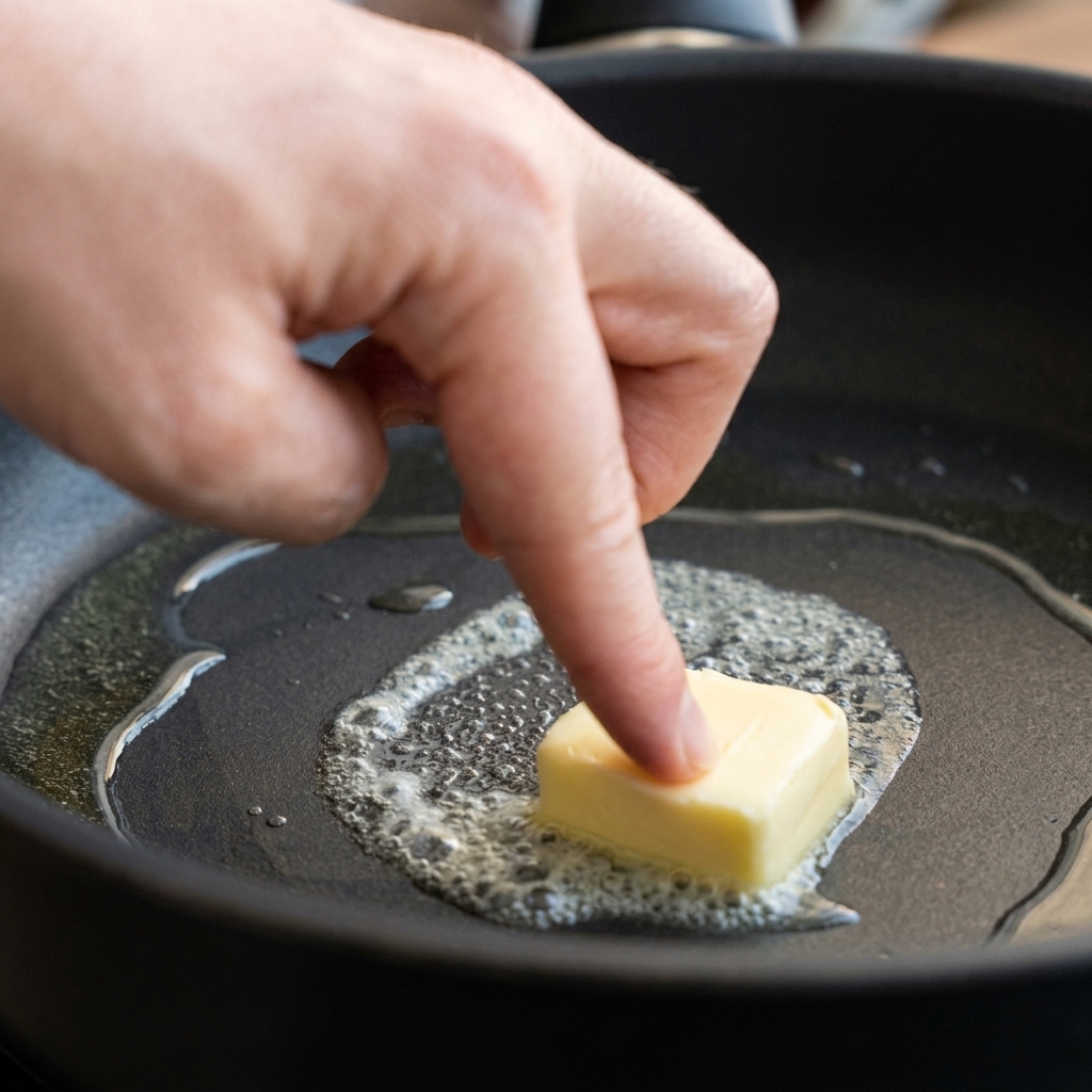 Un trozo de mantequilla en una sartén negra con un chorrito de aceite de cocina.