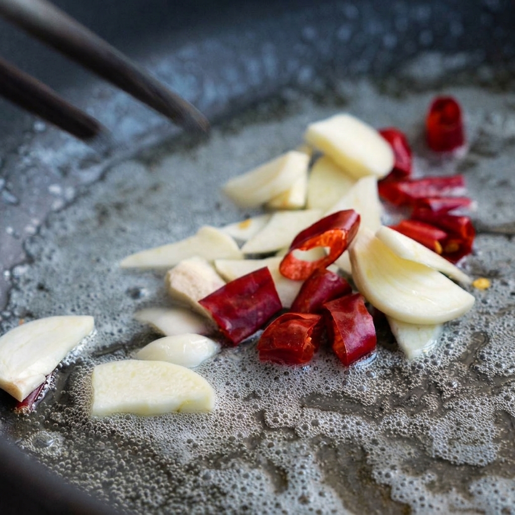 Ajo en rodajas y chiles rojos sofriéndose en una sartén con mantequilla derretida.