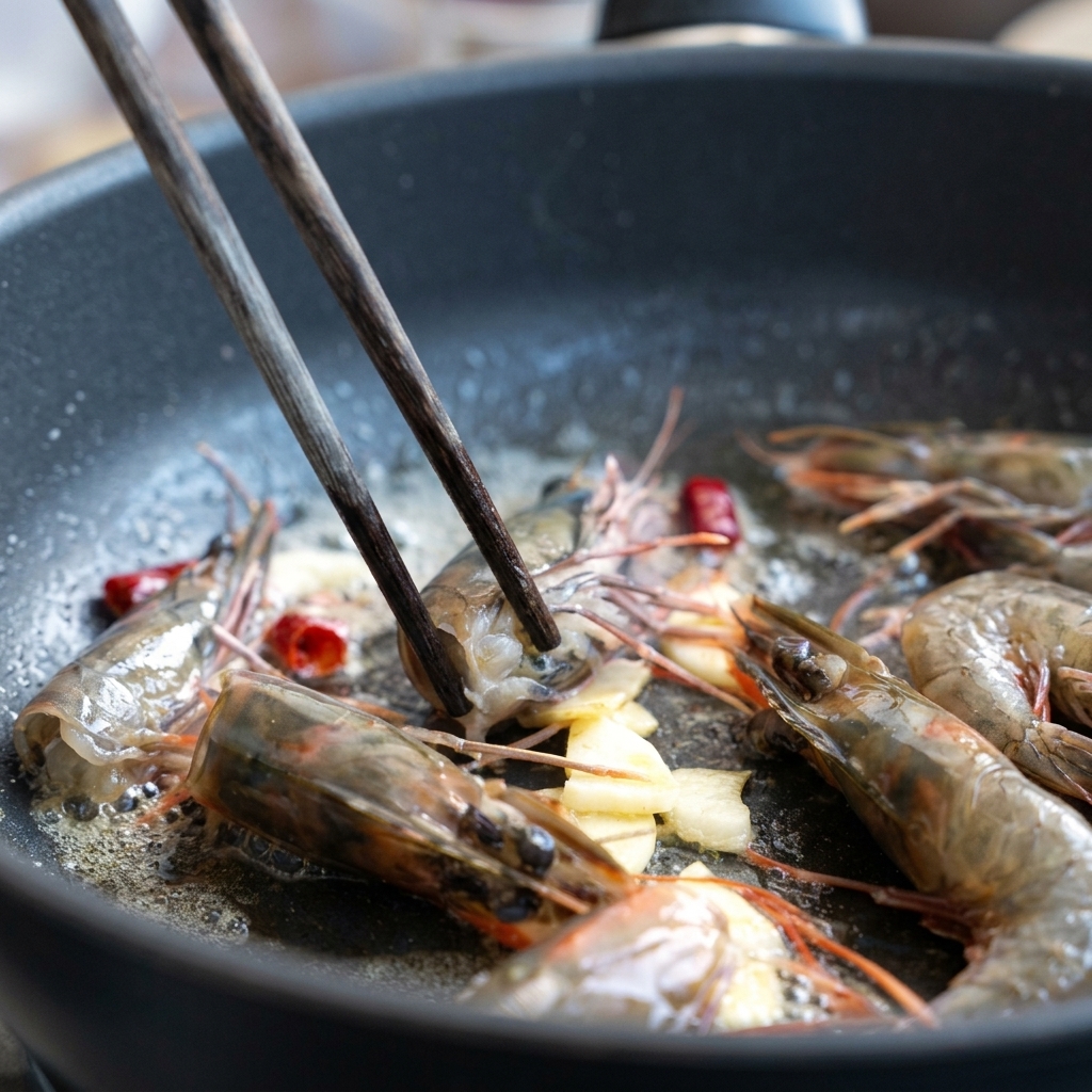 Cabezas de langostino cocinándose con ajo y chile, soltando un aceite de color naranja intenso.