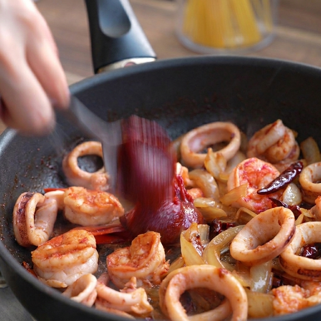 Una espátula añadiendo una generosa cucharada de pasta de chile coreano rojo oscuro sobre los mariscos y cebollas en la sartén.