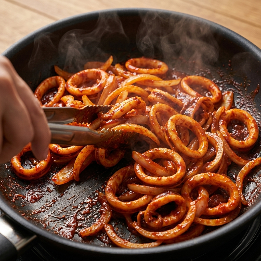 Pinzas de metal mezclando los aros de calamar y los langostinos cubiertos de pasta roja en la sartén caliente.