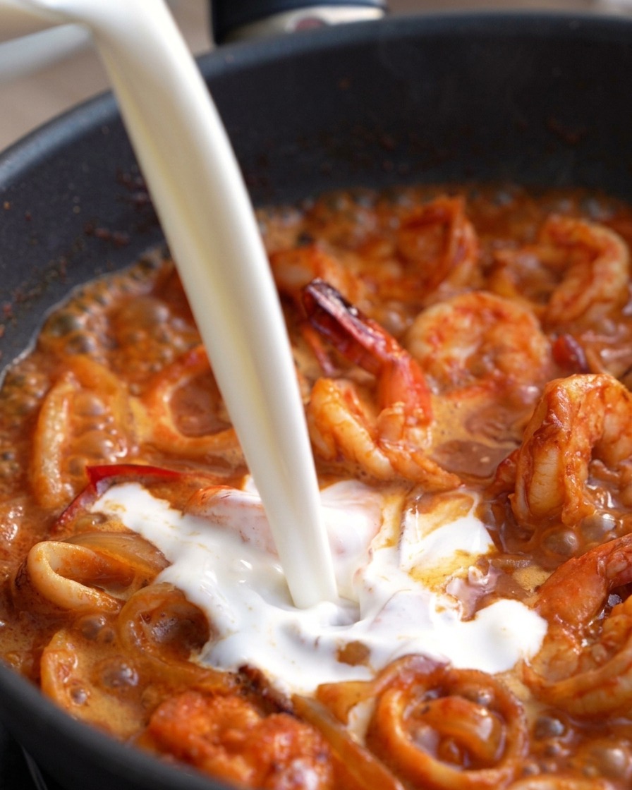 Un chorro de mezcla de leche y crema cayendo en la sartén sobre los mariscos rojos y burbujeantes.