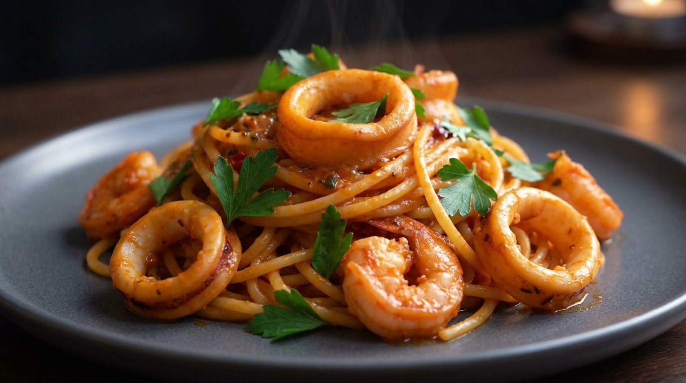 Espaguetis Cremosos y Picantes con Mariscos (Salsa de Gochujang)