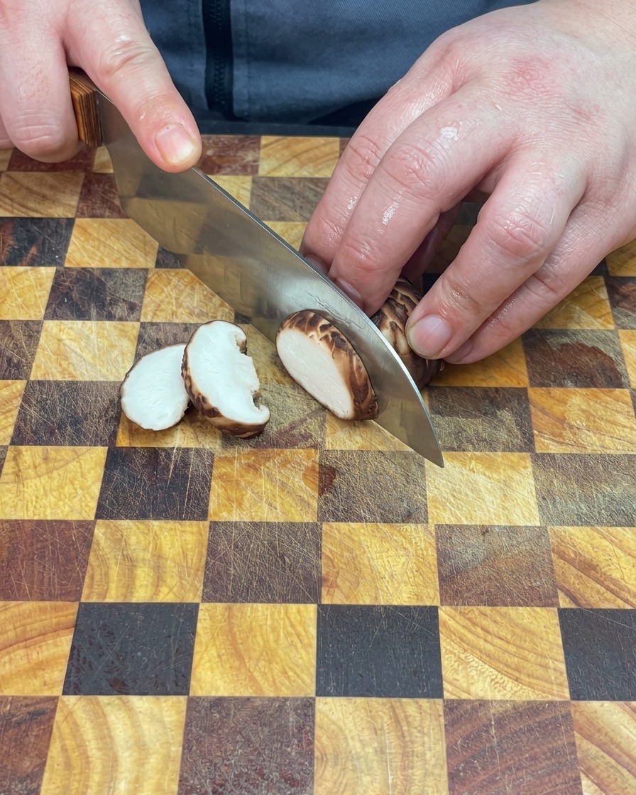 Un cocinero laminando champiñones blancos frescos en una tabla de madera cuadriculada.