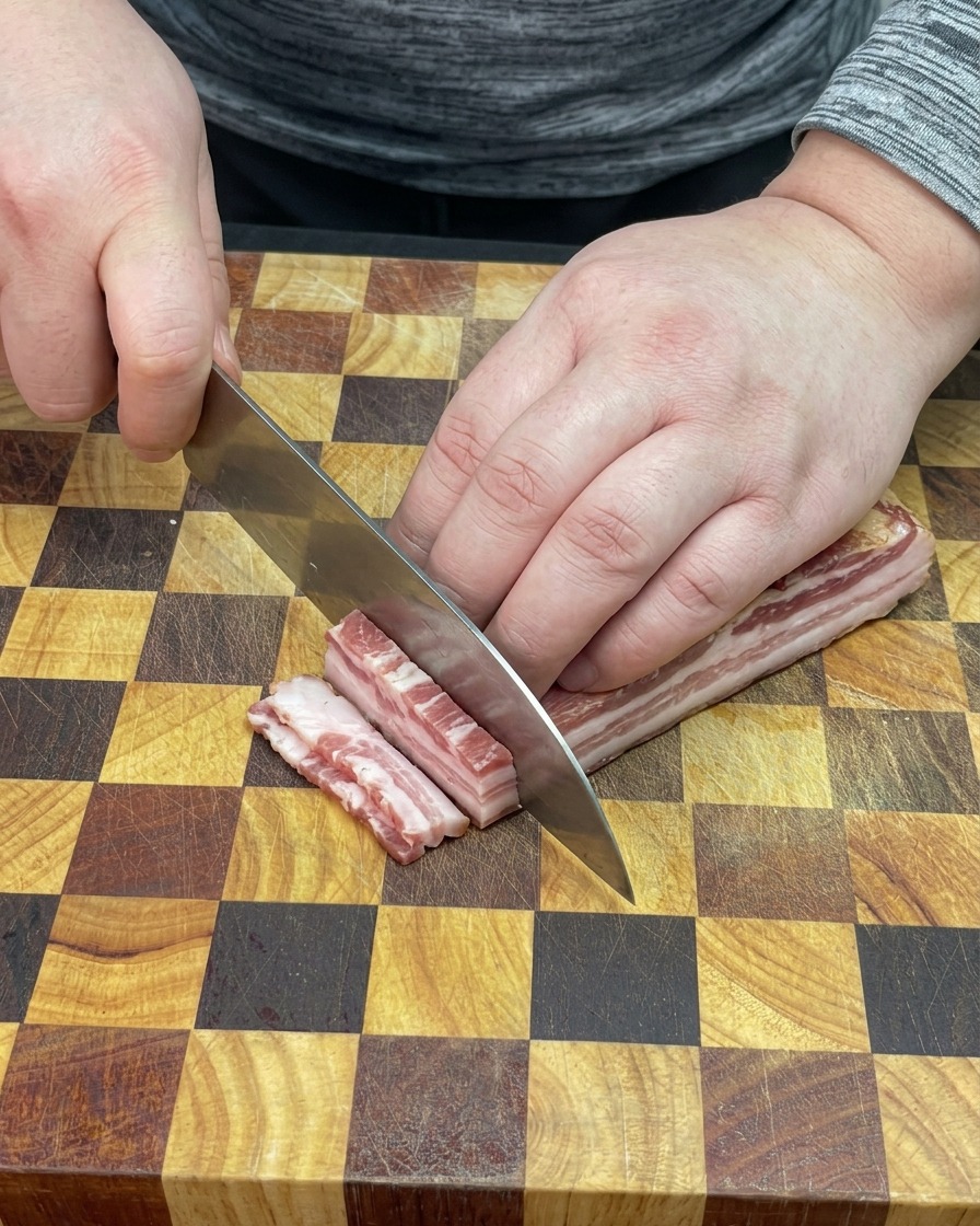 Cuchillo afilado cortando tiras de bacon veteado en dados pequeños sobre una tabla.