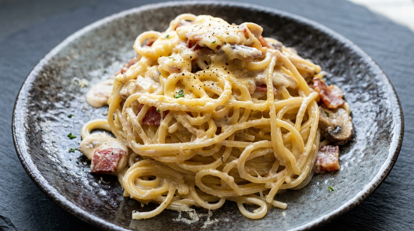 Carbonara Cremosa con Champiñones y Bacon