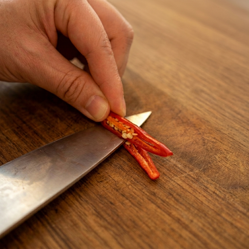 Una mano sujetando una guindilla roja por la mitad mientras usa un cuchillo pequeño para raspar las semillas blancas.
