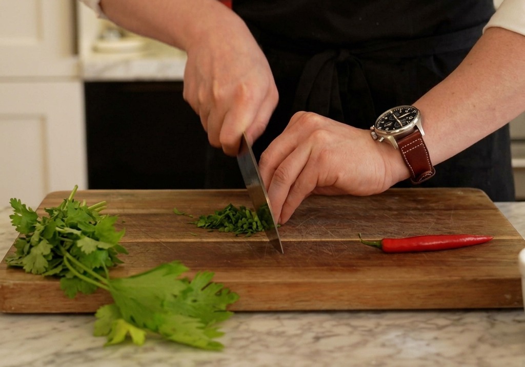Un chef con delantal negro picando perejil fresco sobre una tabla de madera junto a una guindilla roja.