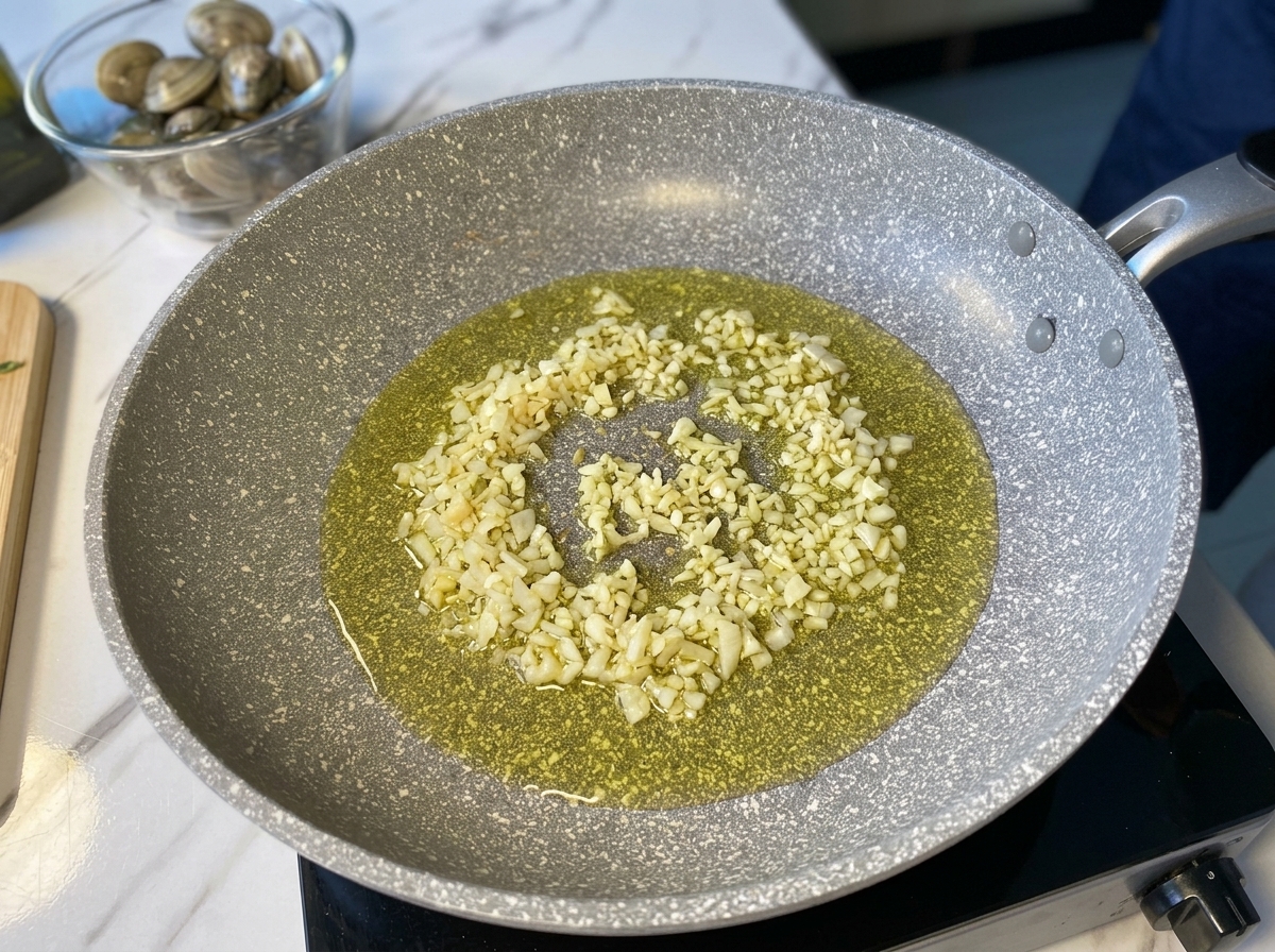 Ajo picado y cebolla burbujeando suavemente en aceite de oliva dentro de una sartén gris.