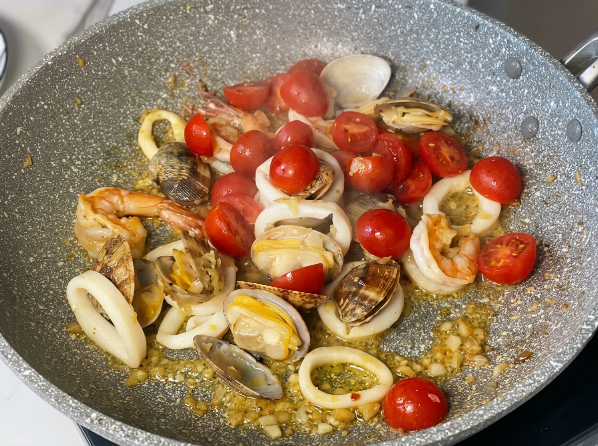 Mitades de tomates cherry rojos cocinándose junto a almejas, gambas y calamares.