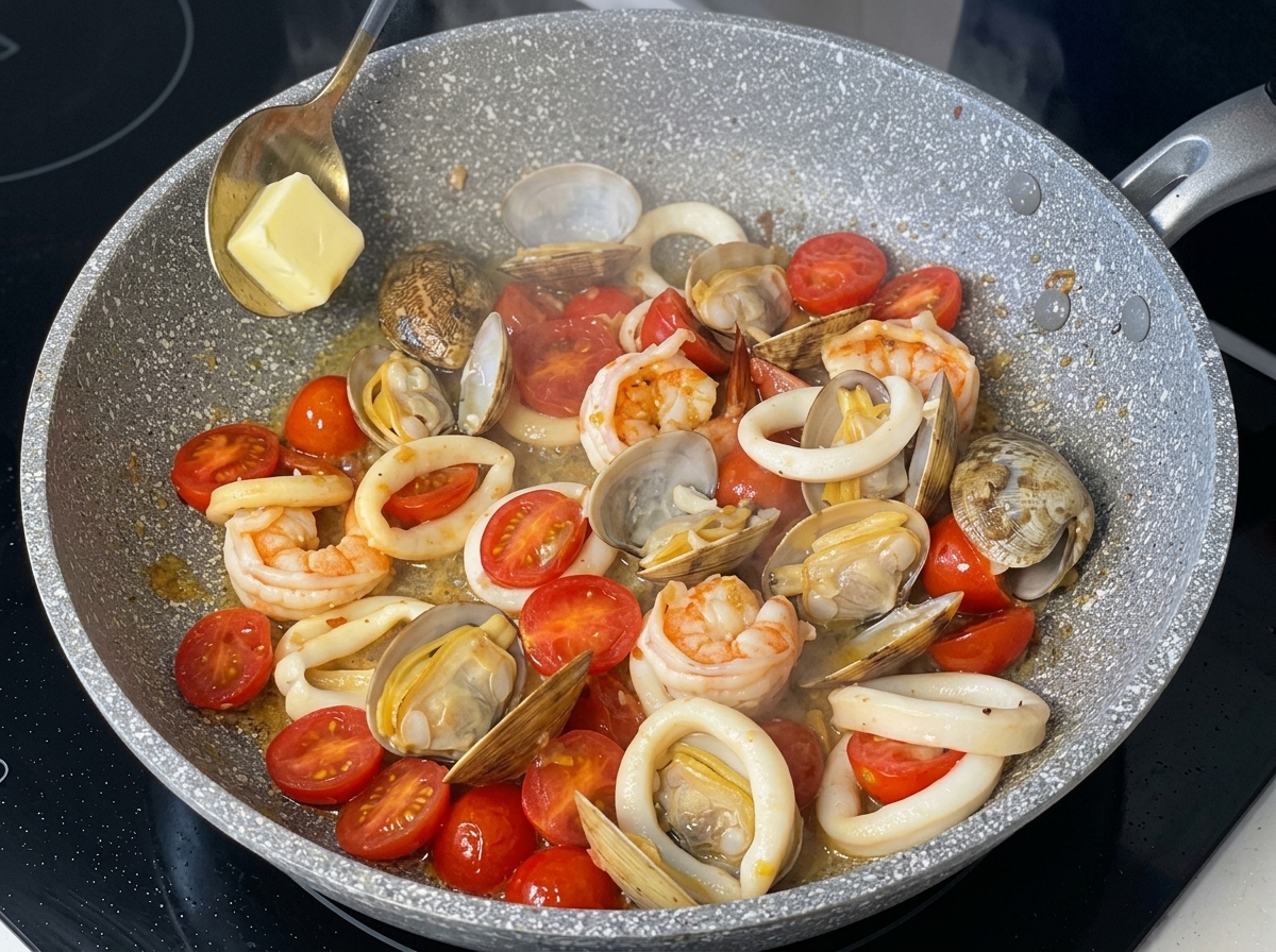 Una cucharada de mantequilla amarilla cayendo en una sartén con mariscos y tomates cherry.