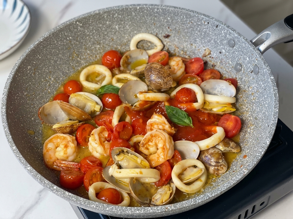 Salsa de tomate roja añadida a la sartén de gambas, calamares y almejas.