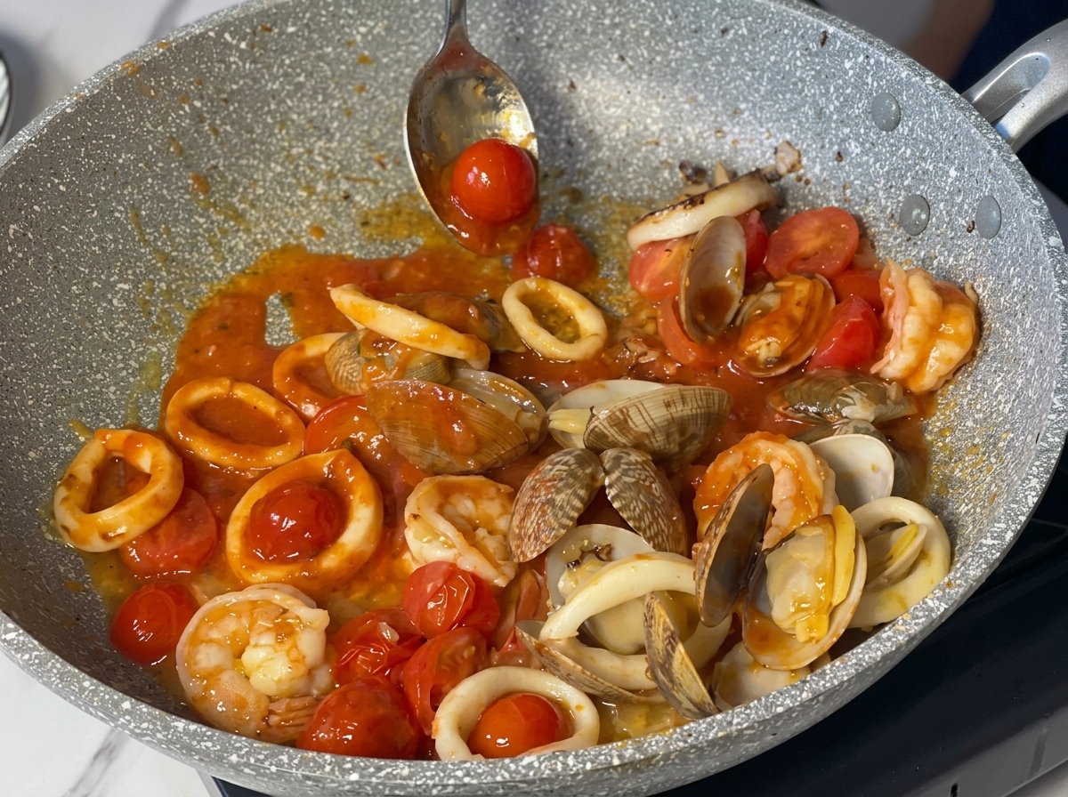 Una cuchara removiendo una rica salsa de tomate con mariscos en una sartén.