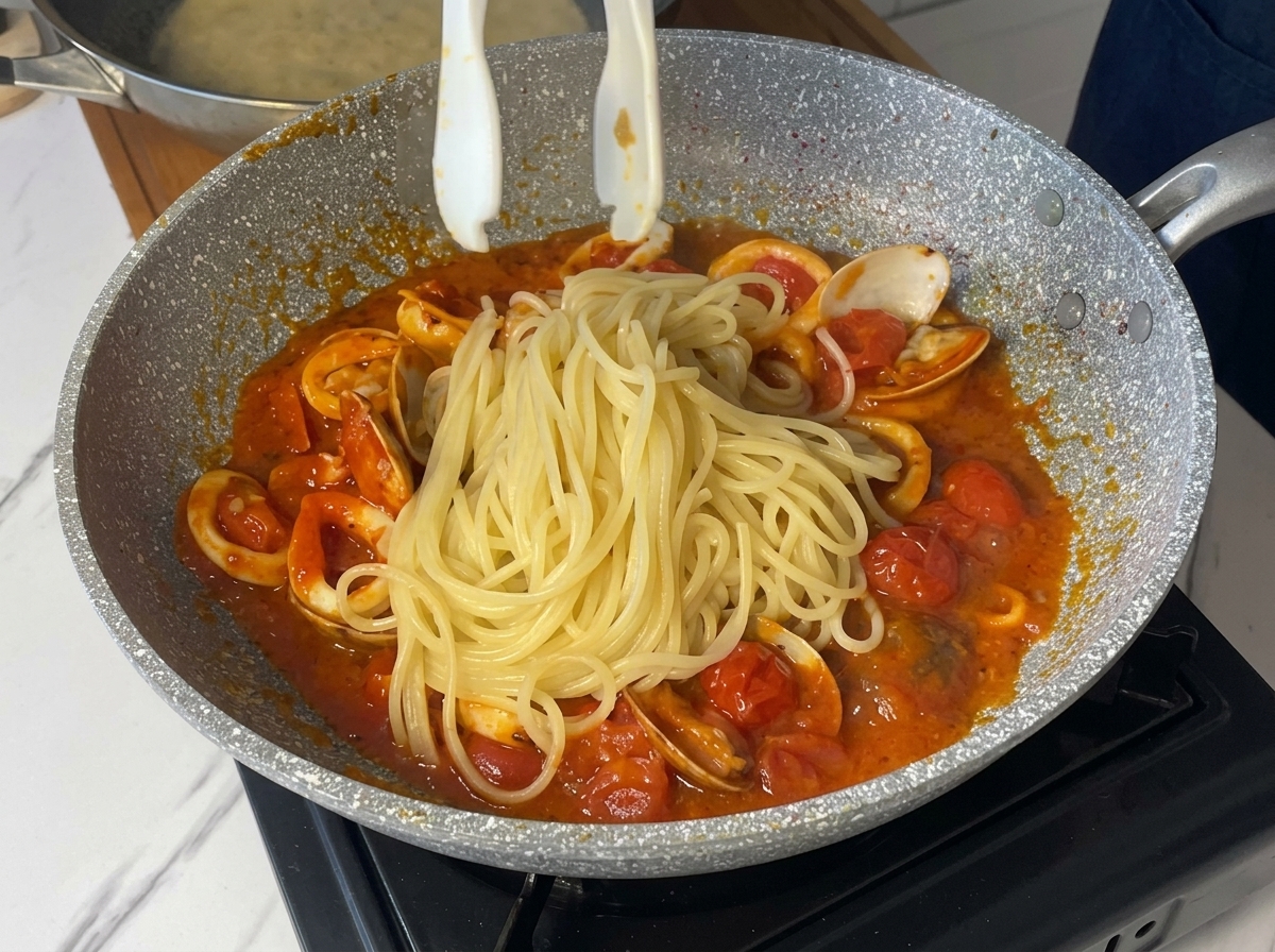 Pinzas blancas dejando caer espaguetis cocidos en una sartén con salsa de tomate y mariscos.