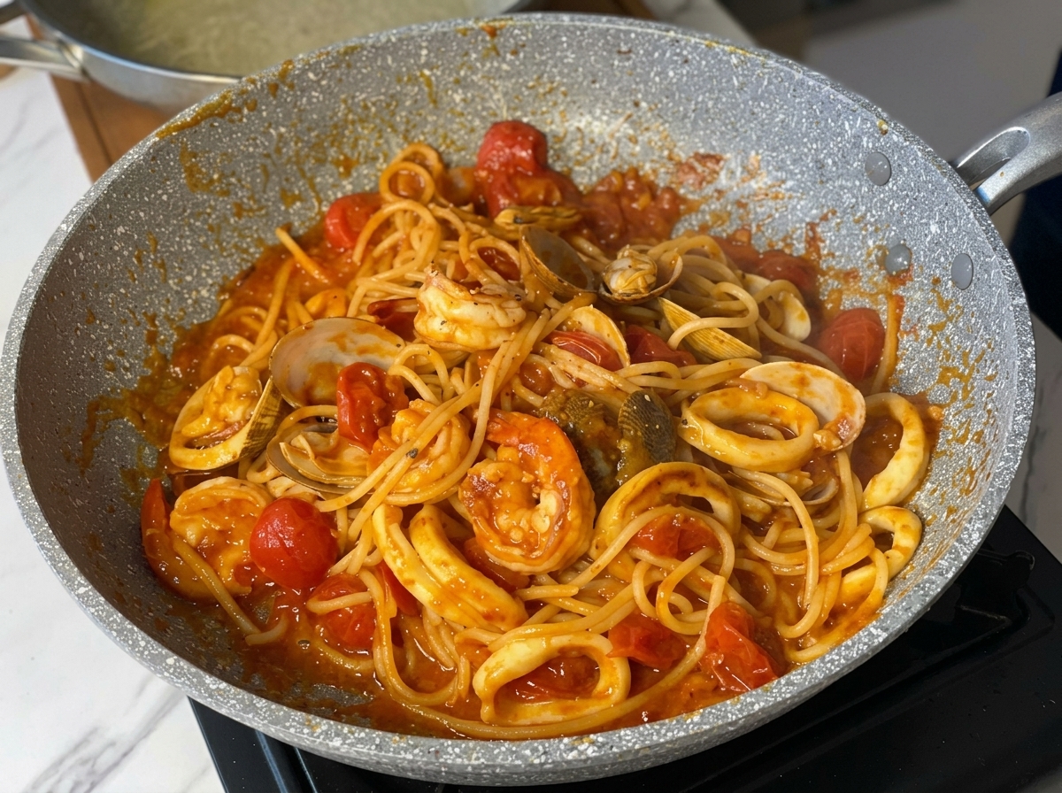 Espaguetis con mariscos mezclados en la sartén, listos para el sazonado final.