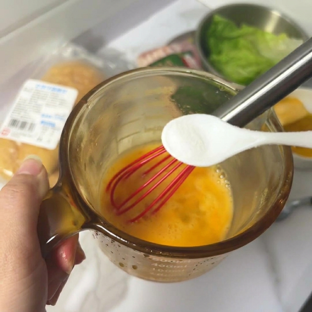 Batiendo huevos crudos con un pequeño batidor rojo y añadiendo una pizca de sal.